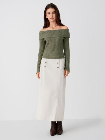 Top Bardot | Maille Côtelée | Épaules Dénudées | Parfait pour looks automnaux