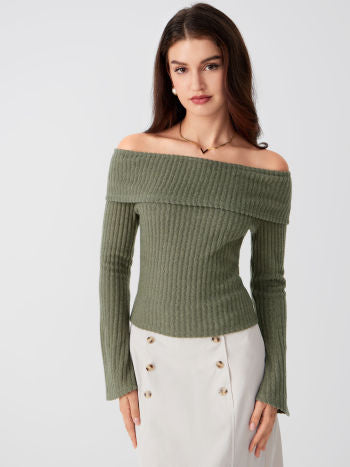 Top Bardot | Maille Côtelée | Épaules Dénudées | Parfait pour looks automnaux