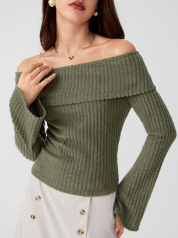 Top Bardot | Maille Côtelée | Épaules Dénudées | Parfait pour looks automnaux