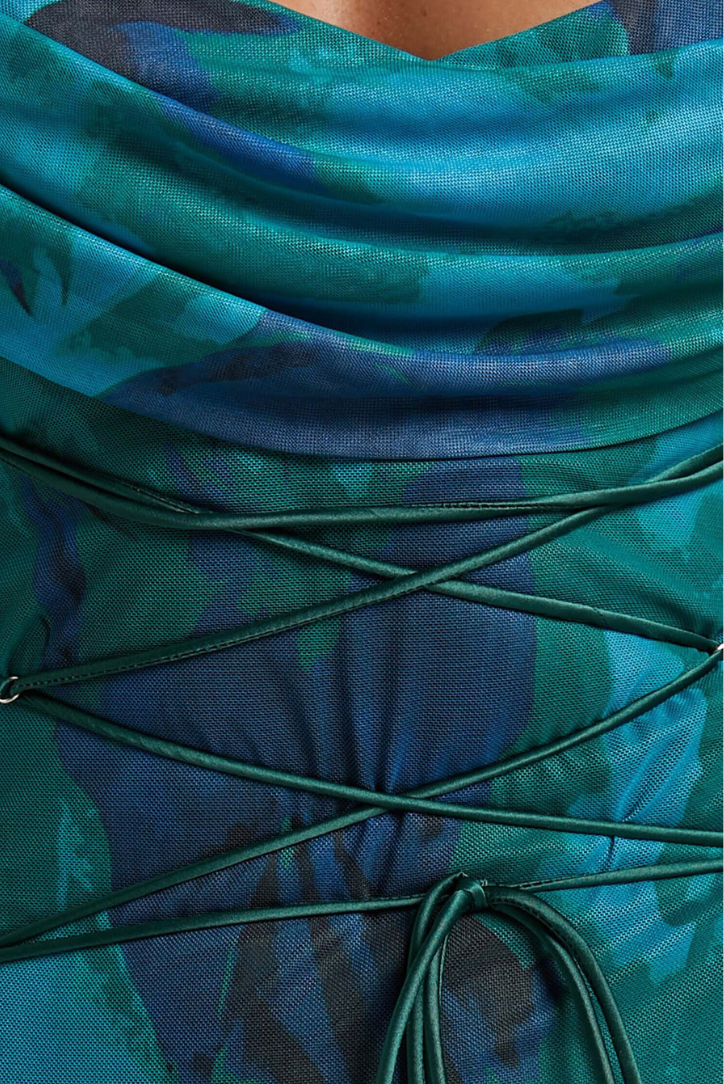 Robe Longue Imprimée | Décolleté Drapé Élégant | Tissu Fluide Léger | Idéale pour Été ou Soirée Bord de Mer