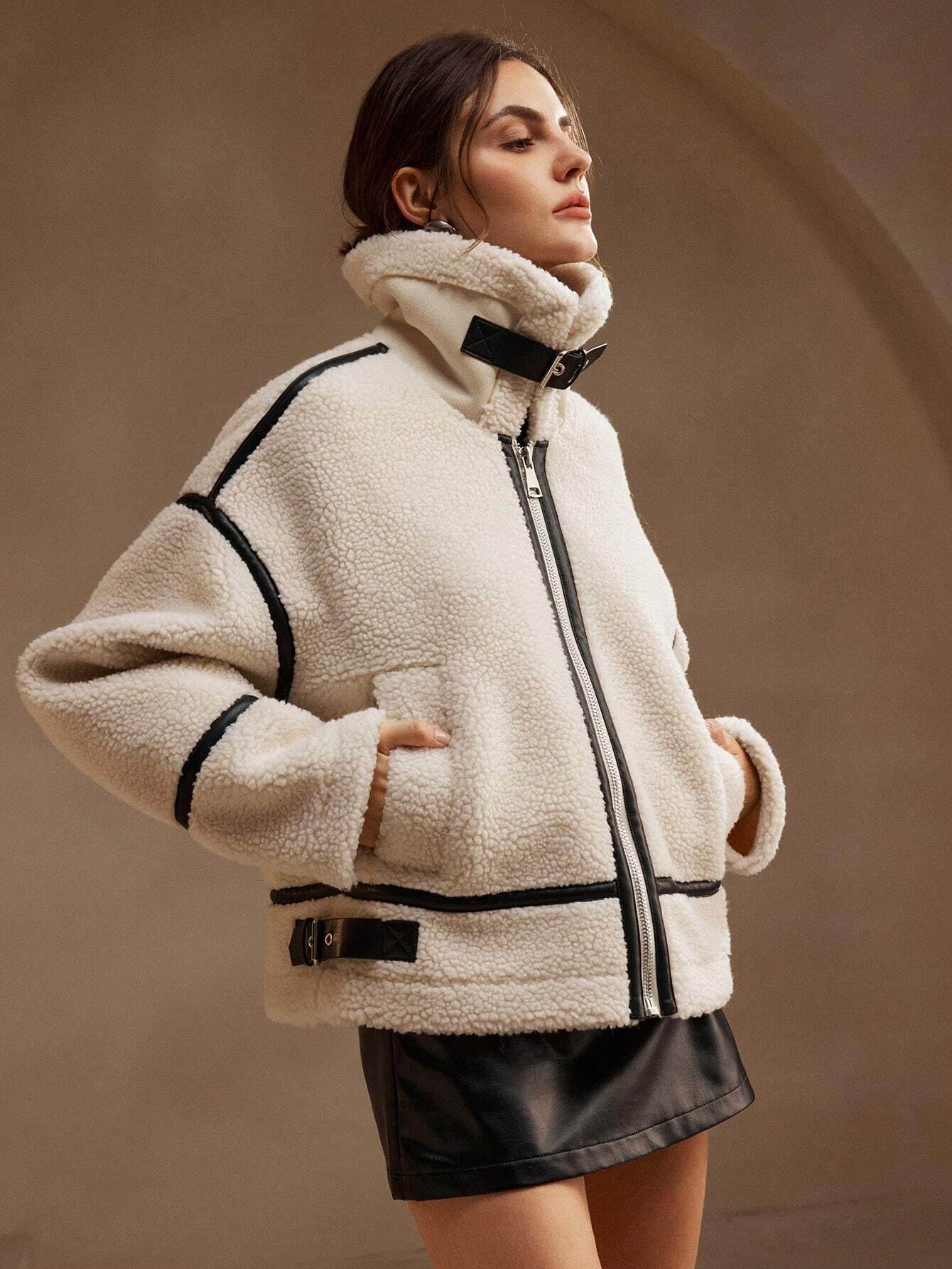 Veste Chaude Effet Mouton | Coupe Moderne et Contrastée | Idéale pour l’Hiver et les Looks Tendance
