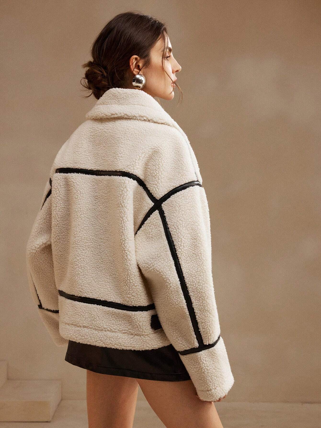 Veste Chaude Effet Mouton | Coupe Moderne et Contrastée | Idéale pour l’Hiver et les Looks Tendance
