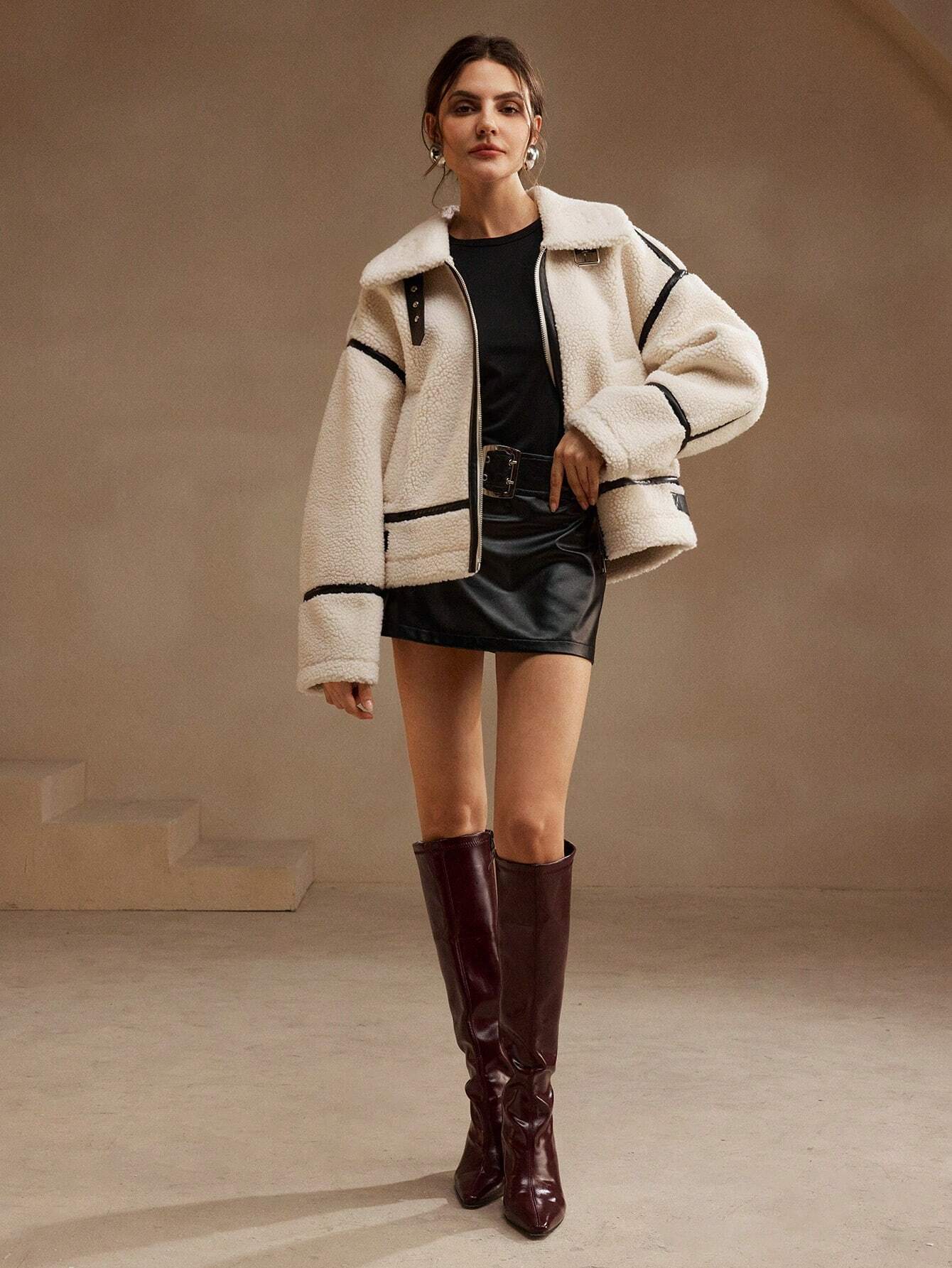 Veste Chaude Effet Mouton | Coupe Moderne et Contrastée | Idéale pour l’Hiver et les Looks Tendance