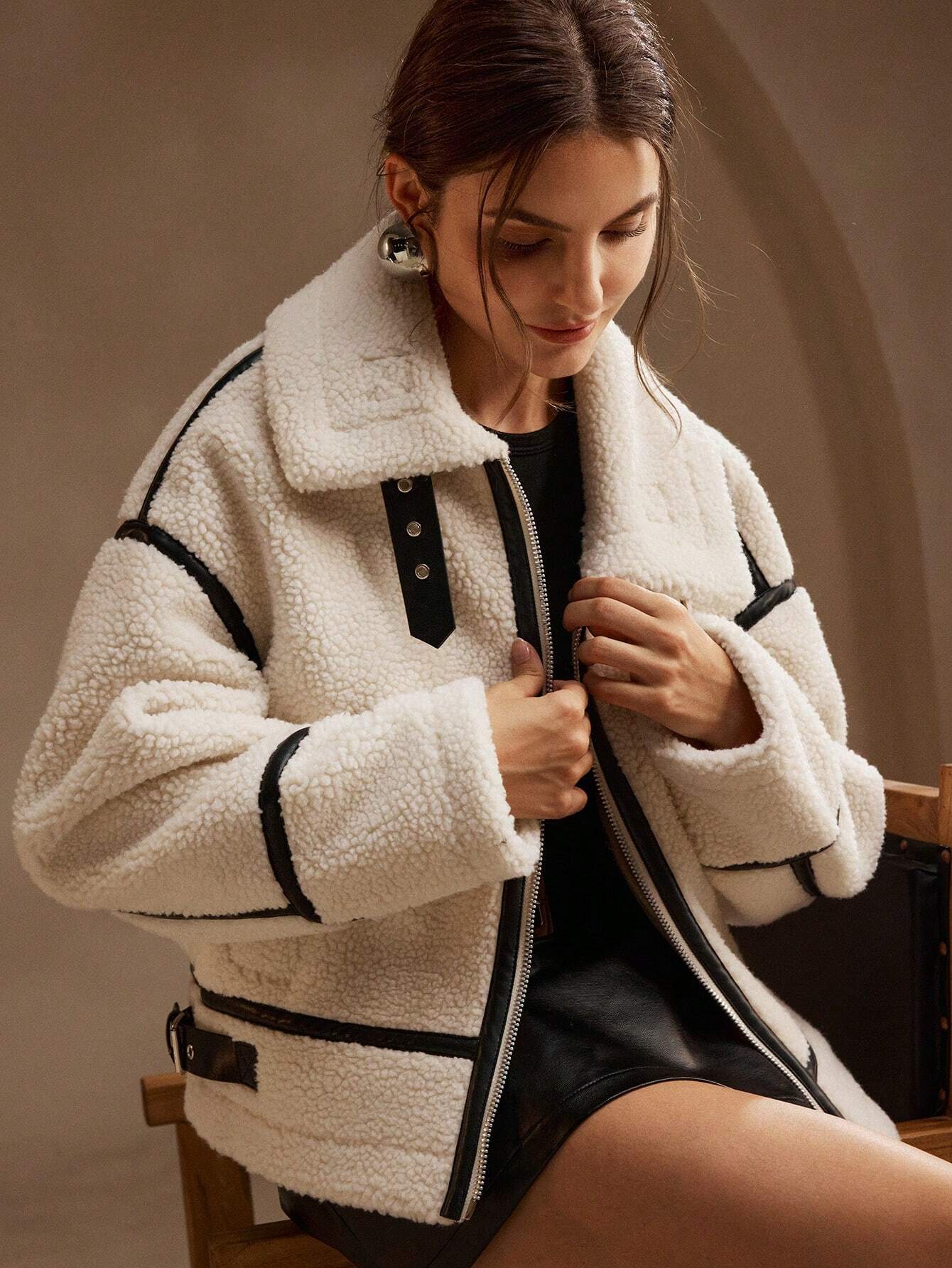 Veste Chaude Effet Mouton | Coupe Moderne et Contrastée | Idéale pour l’Hiver et les Looks Tendance