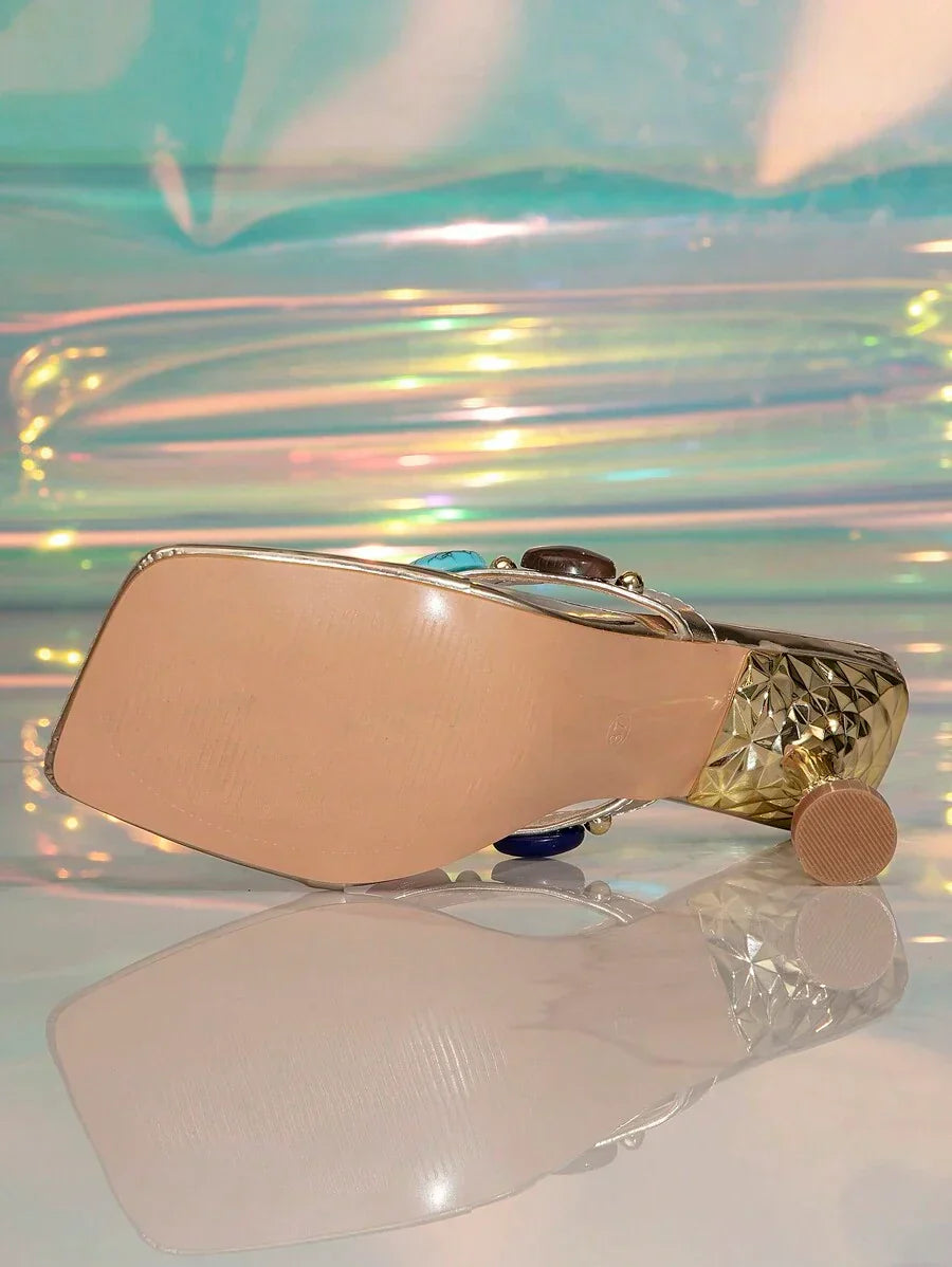 Sandales Élégantes | Talon Sculpté et Pierres Colorées | Parfaites pour les soirées et occasions festives
