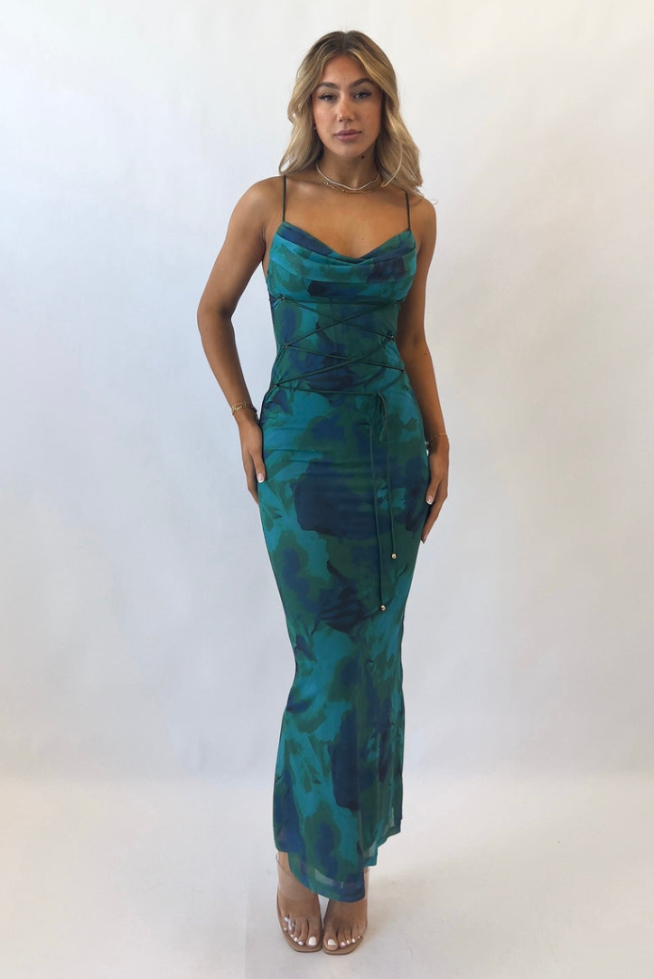 Robe Longue Imprimée | Décolleté Drapé Élégant | Tissu Fluide Léger | Idéale pour Été ou Soirée Bord de Mer