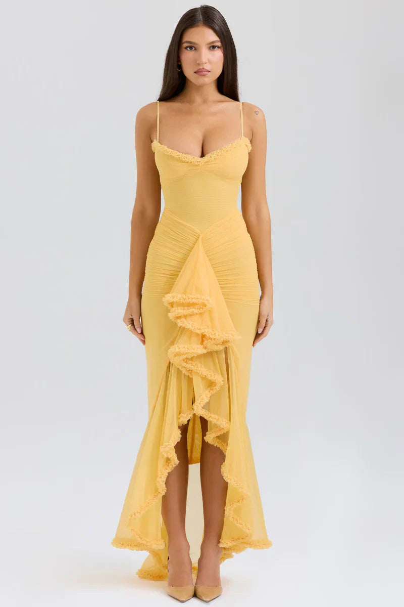 Robe Volants | Mousseline Légère | Coupe Fendue Élégante | Idéale pour Fête ou Soirée d'Été