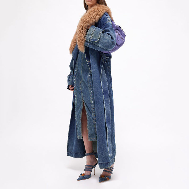 Manteau Long | Jean Vintage | Col Effet Fourrure | Idéal pour l’Hiver et les Looks Tendance