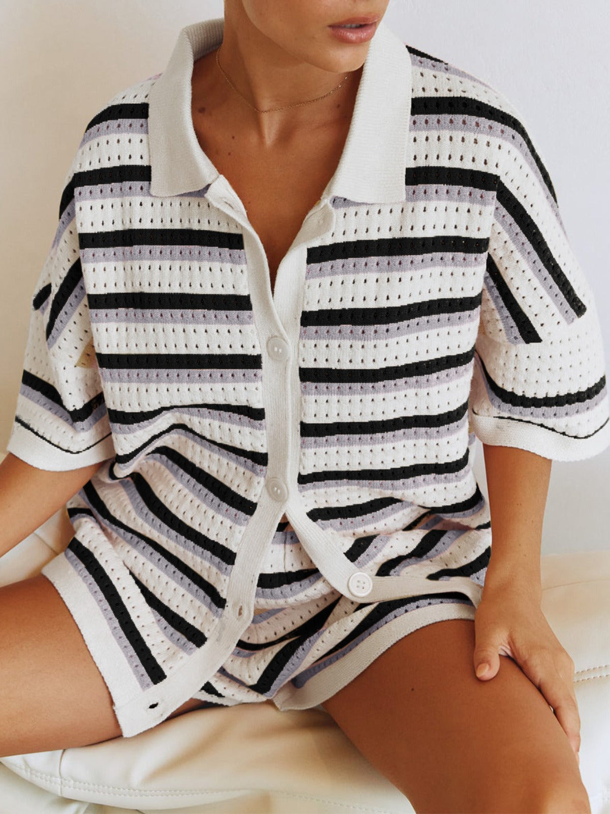 Ensemble Décontracté | Haut Oversize et Short | Maille Respirante Rayée | Parfait pour Été et Détente