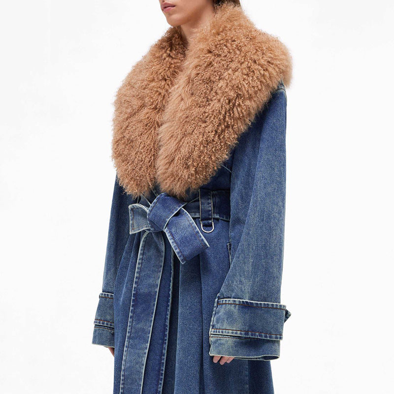 Manteau Long | Jean Vintage | Col Effet Fourrure | Idéal pour l’Hiver et les Looks Tendance