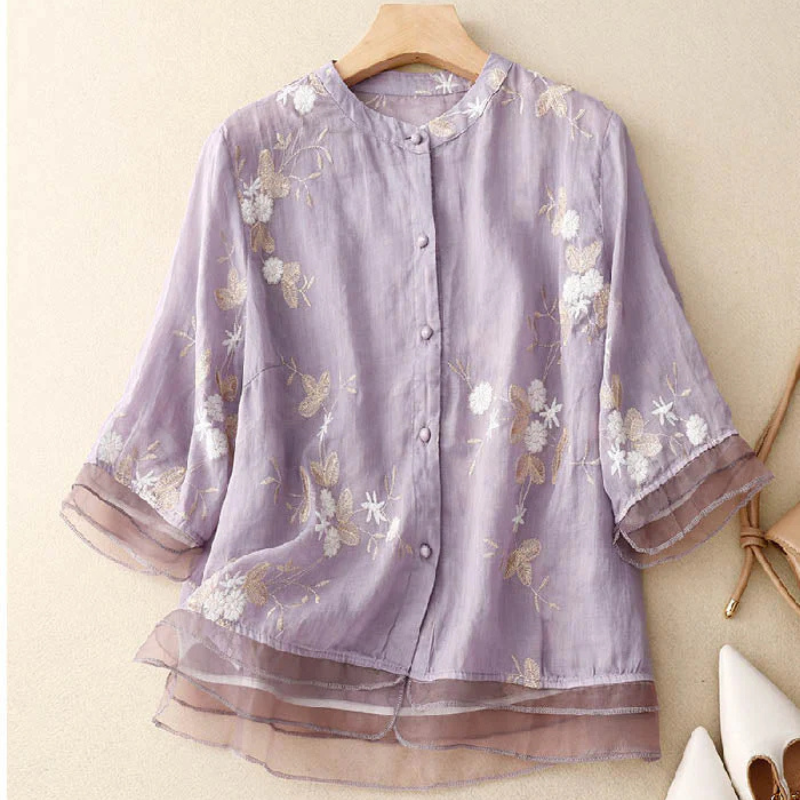 Blouse Femme Manches 3/4 Boutonnée | Coupe Décontractée, Style Romantique Chic