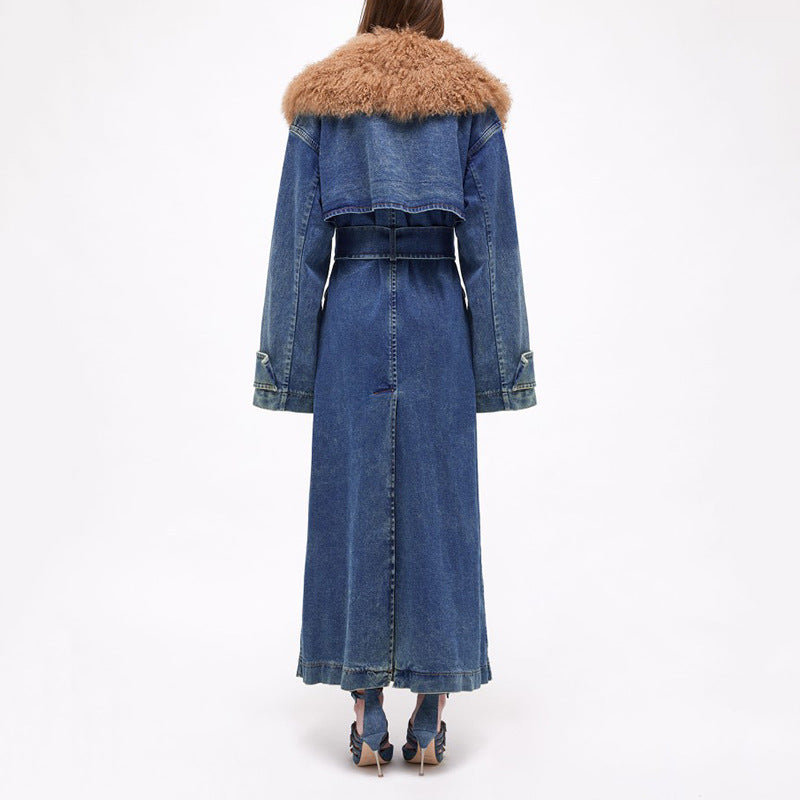 Manteau Long | Jean Vintage | Col Effet Fourrure | Idéal pour l’Hiver et les Looks Tendance