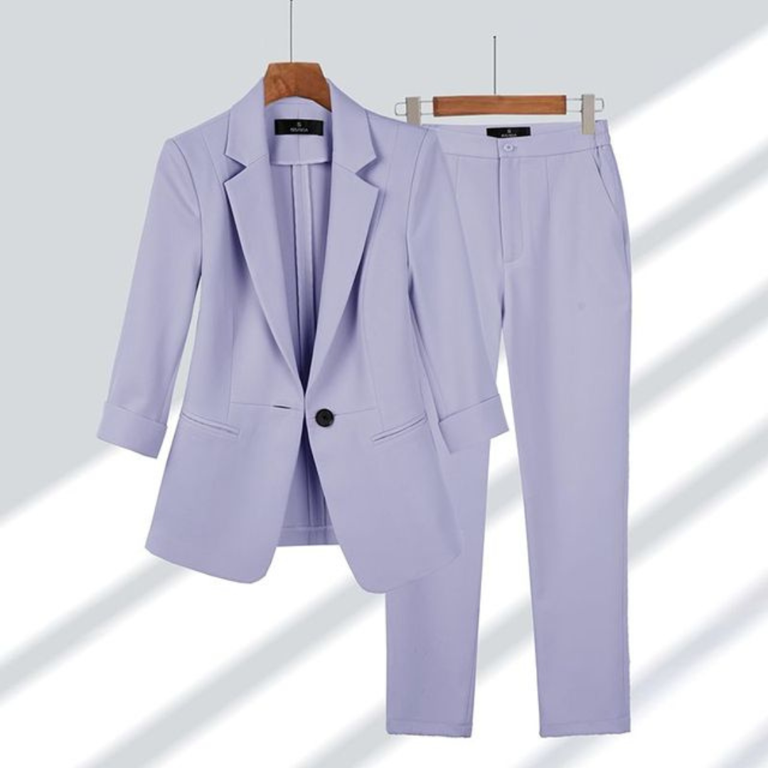 Ensemble Tailleur 2 Pièces Chic | Blazer Manches 3/4 | Pantalon Droit Élégant