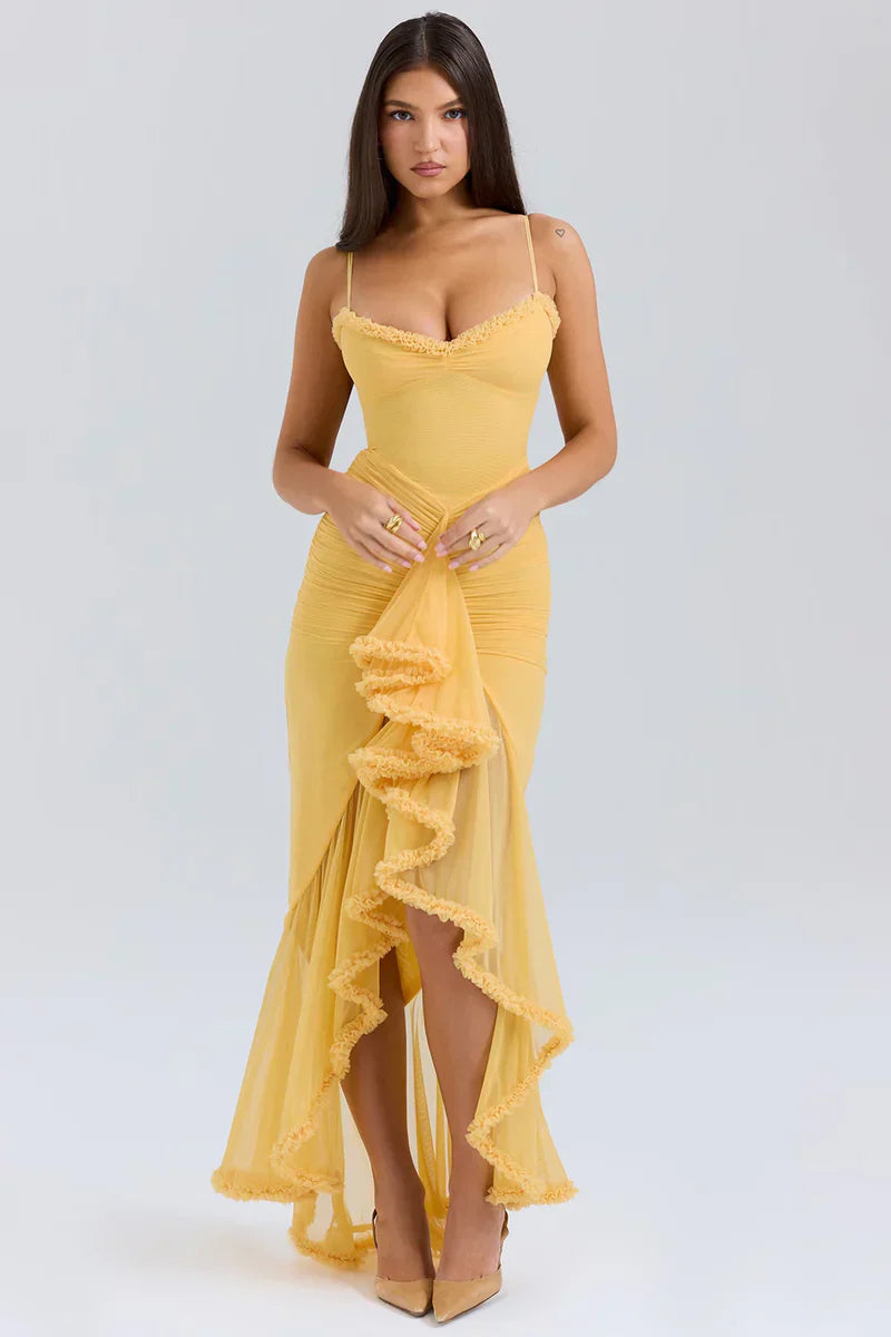 Robe Volants | Mousseline Légère | Coupe Fendue Élégante | Idéale pour Fête ou Soirée d'Été