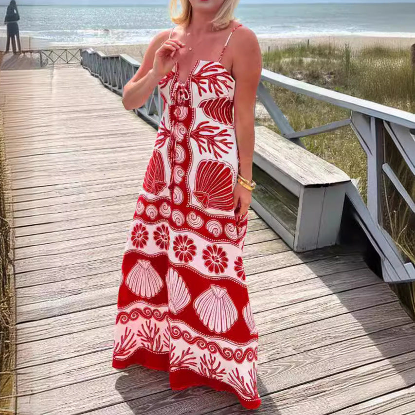 Robe Longue | Imprimé Estival | Bretelles Fines | Parfaite pour les vacances et journées à la plage