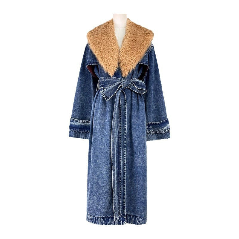 Manteau Long | Jean Vintage | Col Effet Fourrure | Idéal pour l’Hiver et les Looks Tendance