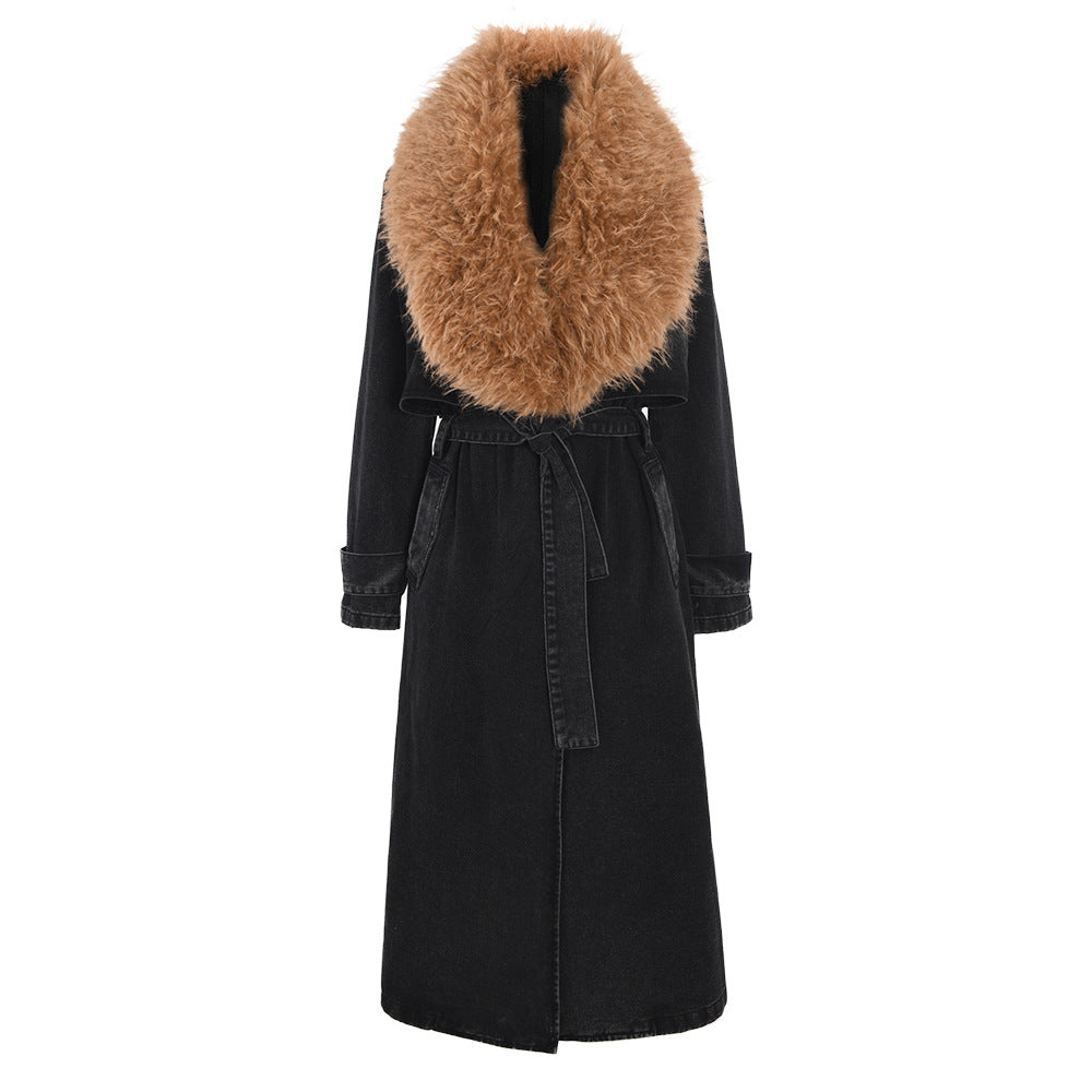 Manteau Long | Jean Vintage | Col Effet Fourrure | Idéal pour l’Hiver et les Looks Tendance