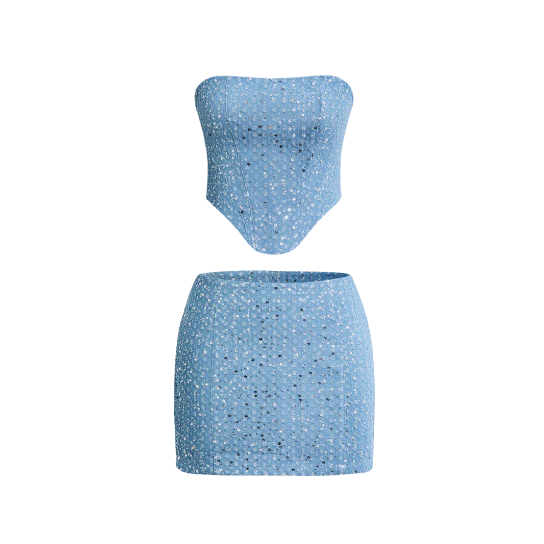 Ensemble Brillant | Bustier Structuré et Jupe Mini | Tissu Scintillant | Idéal pour Soirée ou Sortie Estivale