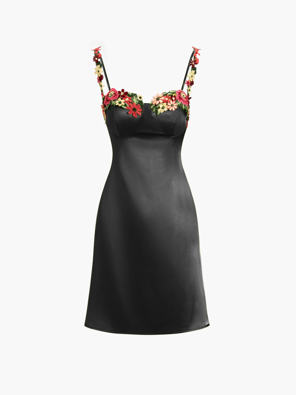 Robe Courte Satinée | Polyester Extensible | Appliqués Floraux | Soirées d’Été