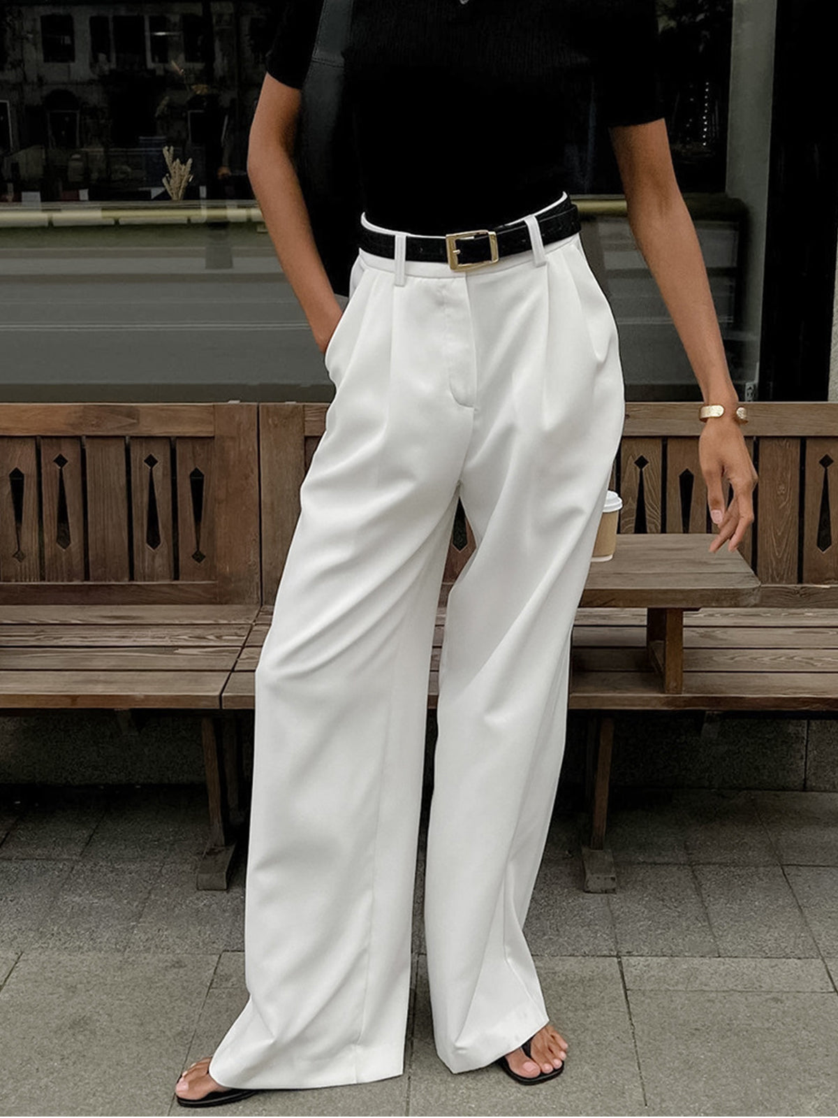 Pantalon Large Femme | Taille Haute Structurée | Parfait pour Look de Bureau ou Balade Chic en Ville