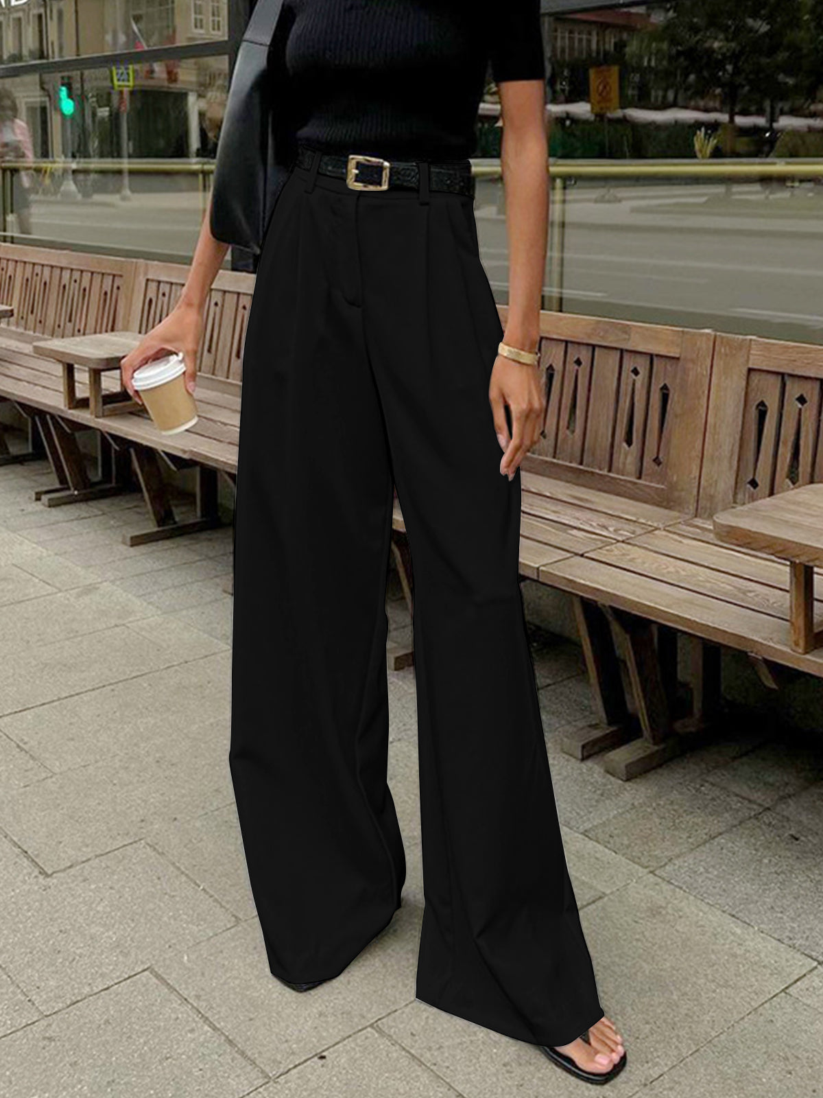 Pantalon Large Femme | Taille Haute Structurée | Parfait pour Look de Bureau ou Balade Chic en Ville