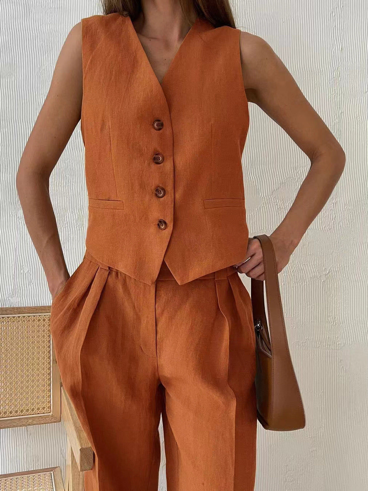 Ensemble Lin | Gilet Sans Manches et Pantalon Large | Chic Décontracté pour Été ou Sorties Urbaines
