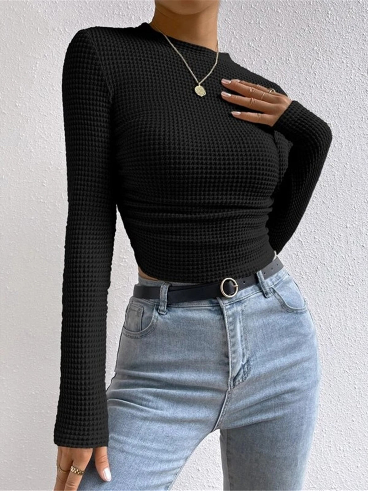 Haut gaufré | Manches longues | Coupe ajustée | Parfait pour look urbain ou casual