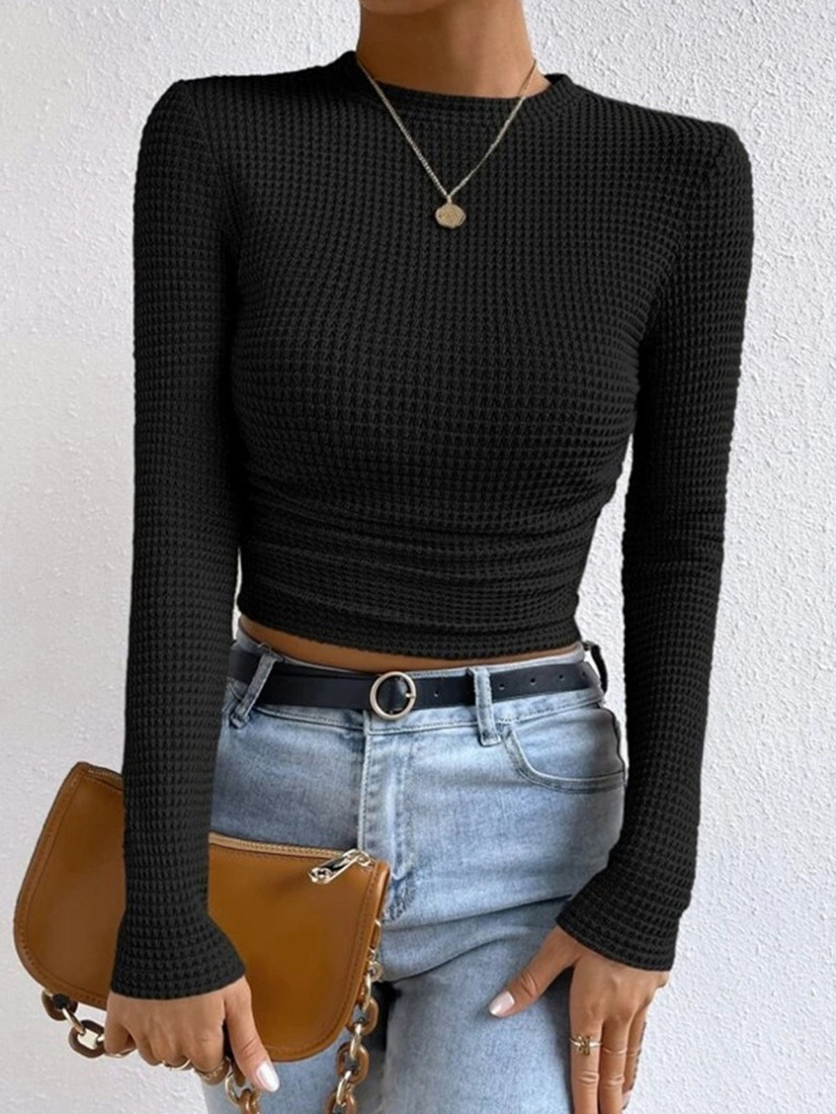 Haut gaufré | Manches longues | Coupe ajustée | Parfait pour look urbain ou casual