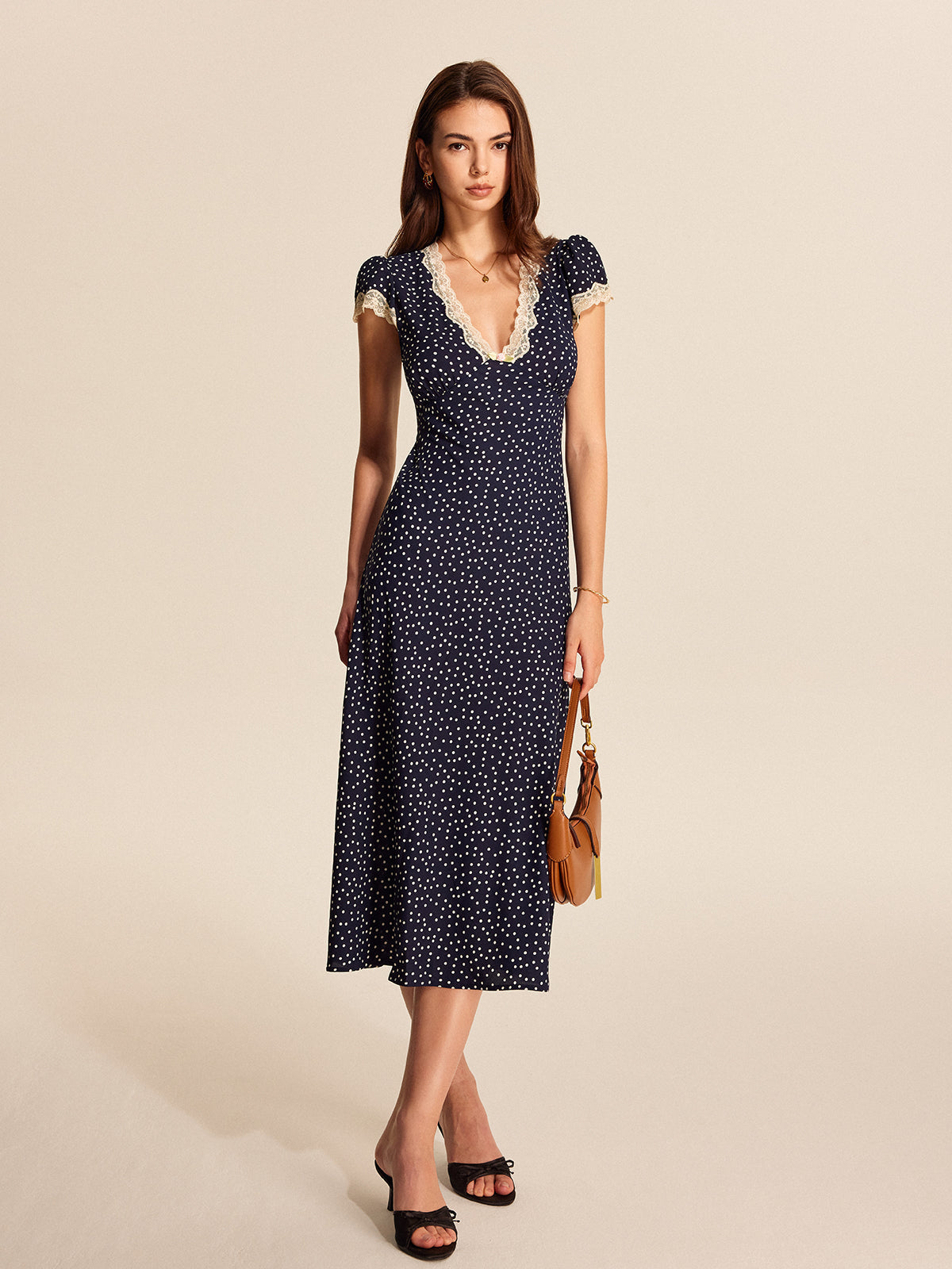Robe Midi Femme | Imprimé Pois et Col Dentelle | Idéal pour Été, Balades ou Déjeuners Chic