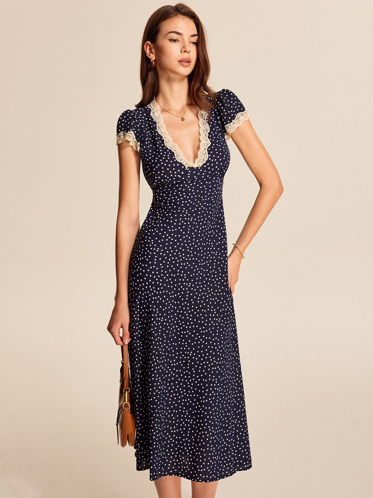 Robe Midi Femme | Imprimé Pois et Col Dentelle | Idéal pour Été, Balades ou Déjeuners Chic
