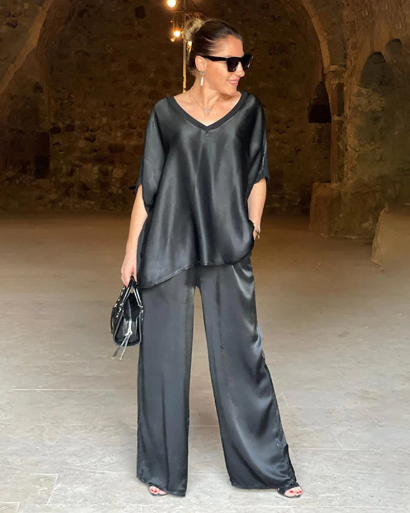 Ensemble 2 Pièces Satiné Fluide | Haut Ample Col V | Pantalon Large Élégant