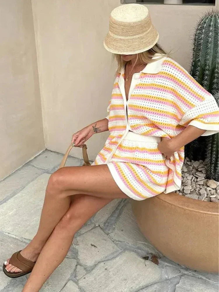 Ensemble Décontracté | Haut Oversize et Short | Maille Respirante Rayée | Parfait pour Été et Détente