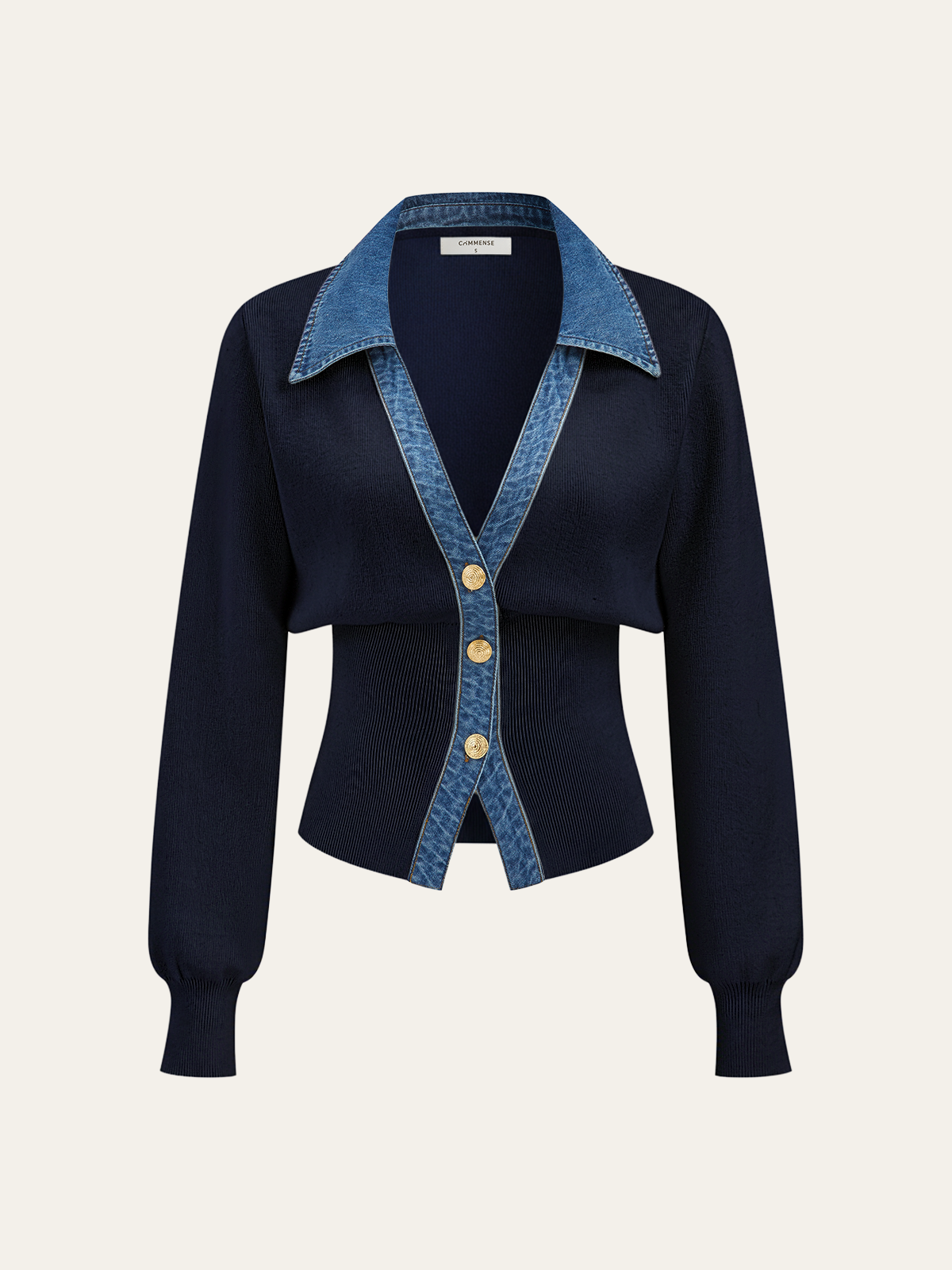Gilet Cardigan en Maille Déstructurée à Col Denim pour Femme | Style Chic et Décontracté