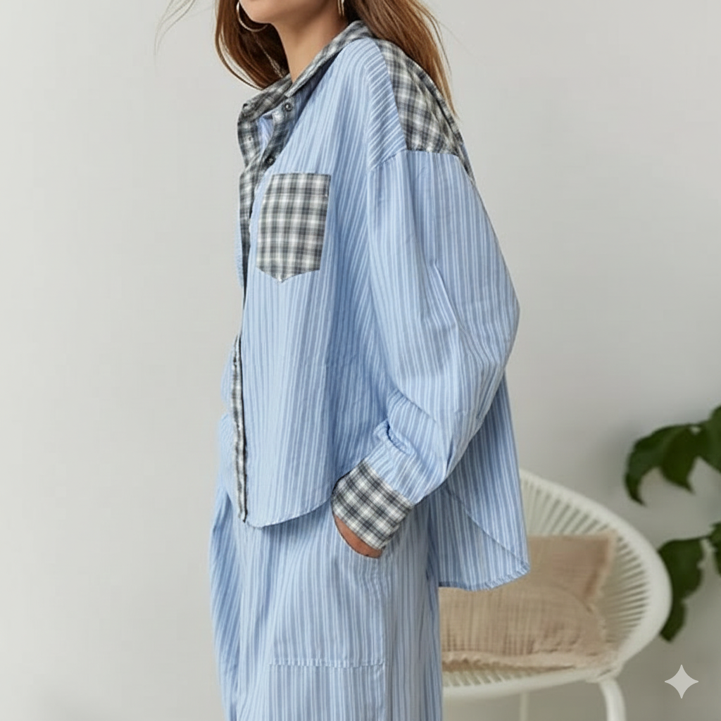 Ensemble Pyjama Loungewear | Chemise Rayée Coton | Pantalon Détails Carreaux Confort