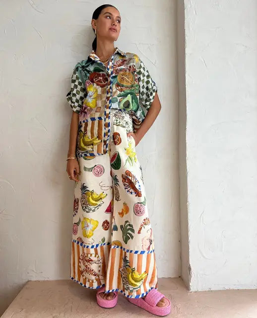 Ensemble Femme Estival | Pantalon Large & Chemise | Imprimé Fruits et Couleurs