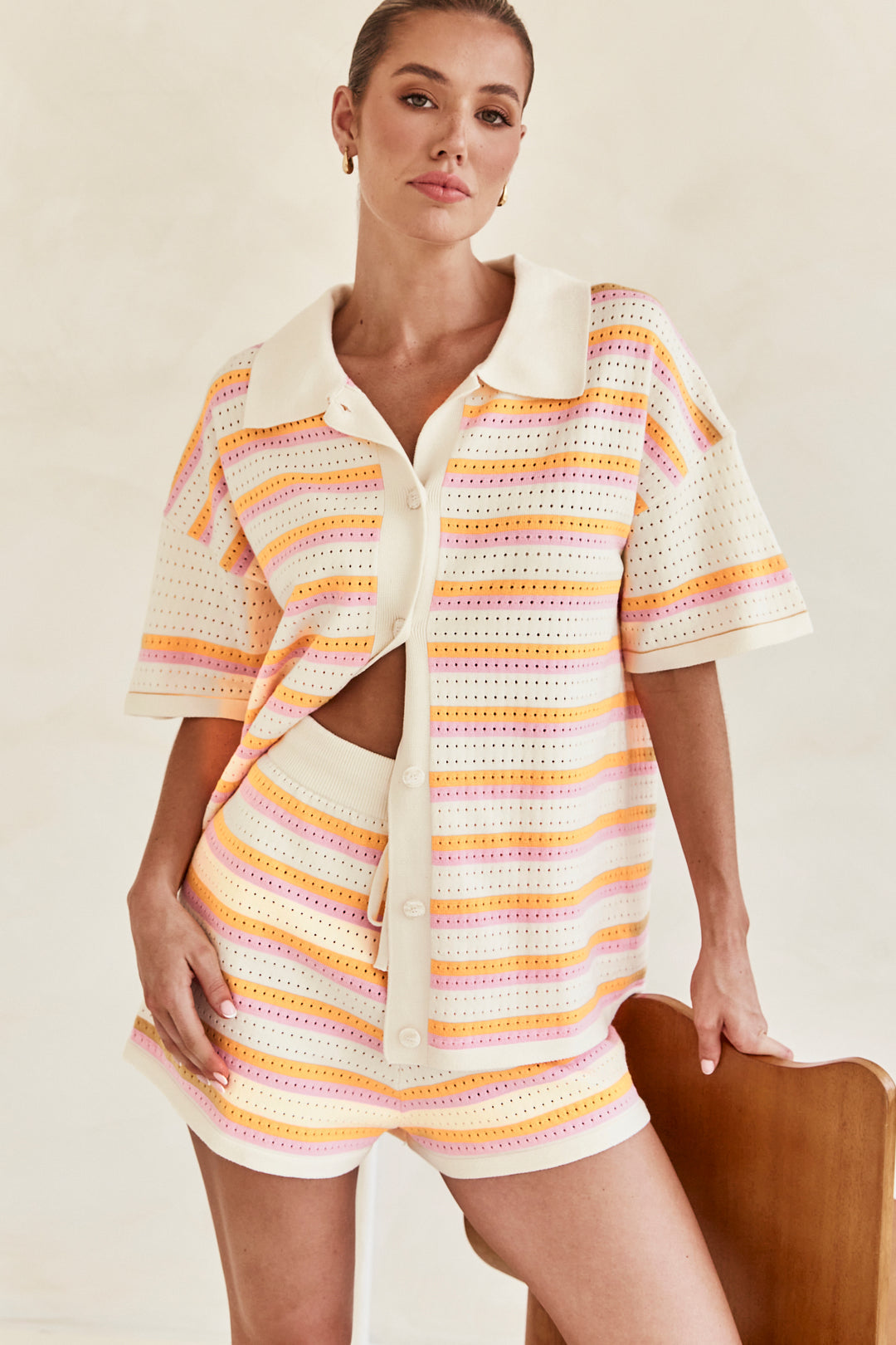 Ensemble Décontracté | Haut Oversize et Short | Maille Respirante Rayée | Parfait pour Été et Détente