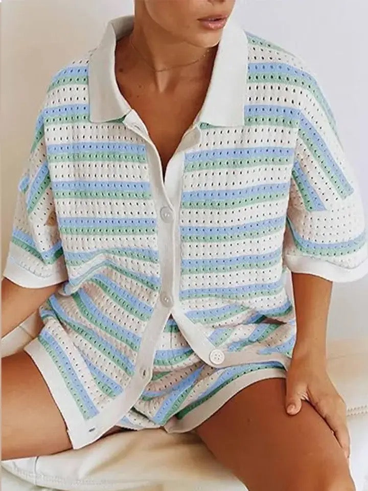 Ensemble Décontracté | Haut Oversize et Short | Maille Respirante Rayée | Parfait pour Été et Détente