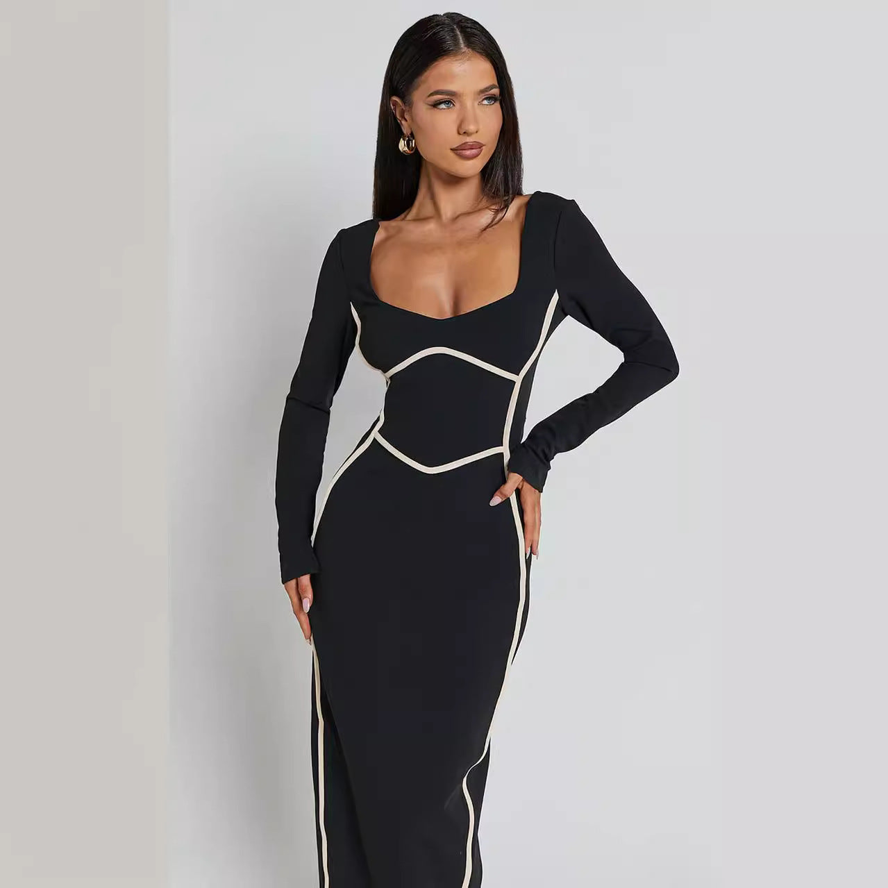 Robe Longue à Manches | Élégante et Structurante | Idéale pour les Dîners Habillés et Soirées Chic