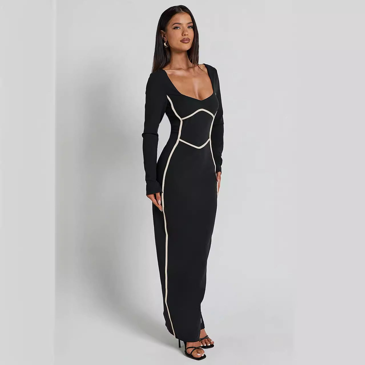 Robe Longue à Manches | Élégante et Structurante | Idéale pour les Dîners Habillés et Soirées Chic
