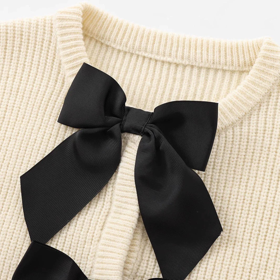 Pull Élégant | Détails Nœuds Satin | Maille Côtelée | Parfait pour un Look Féminin et Chic