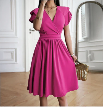 Petite Robe Femme | Col V Cache-Cœur, Manches Courtes Volantées | Chic Intemporel