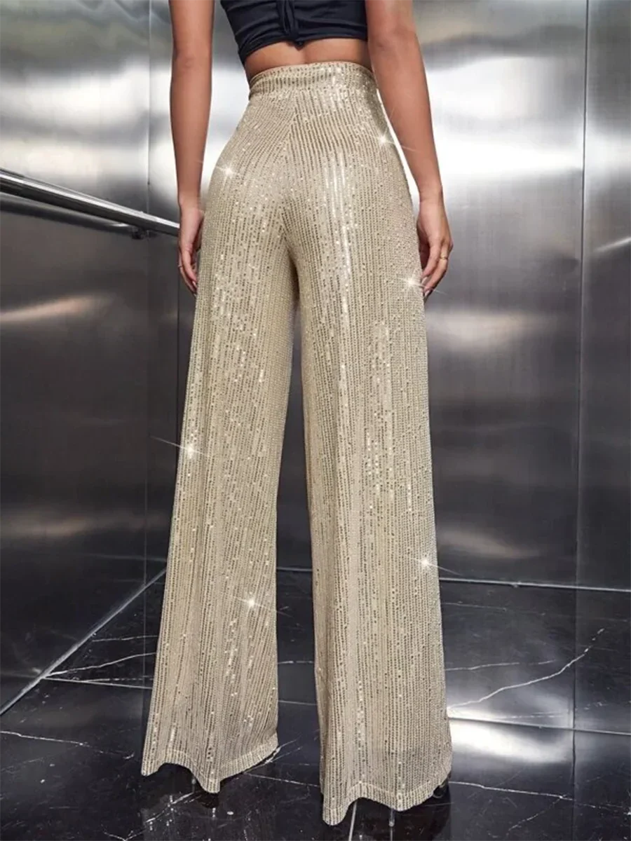 Pantalon Large Pailleté | Taille Haute et Fluide | Parfait pour Soirées Festives et Looks de Nuit