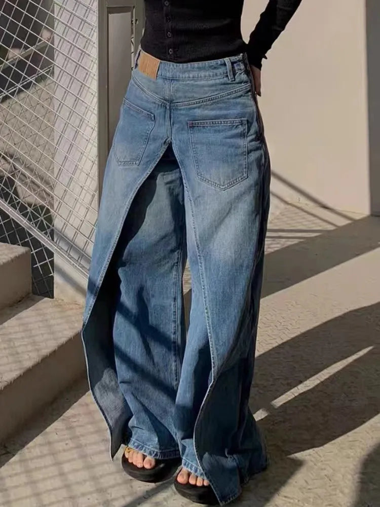 Jean à Fente Frontale | Denim Vintage | Jambe Large | Idéal pour streetwear contemporain
