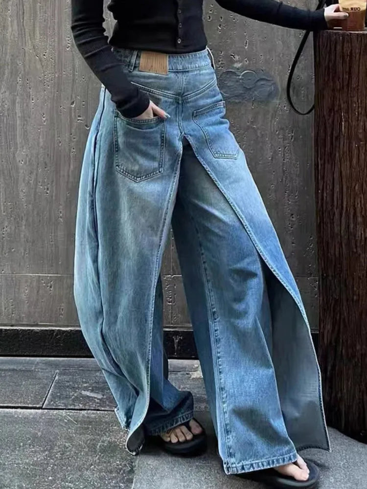 Jean à Fente Frontale | Denim Vintage | Jambe Large | Idéal pour streetwear contemporain