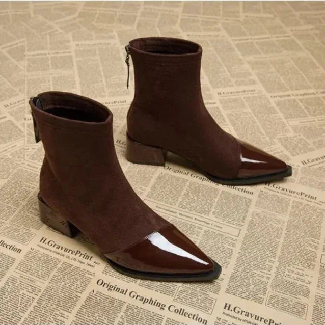 Bottines femme | Bout pointu verni | Talon bas | Idéal look automnal ou élégant au quotidien