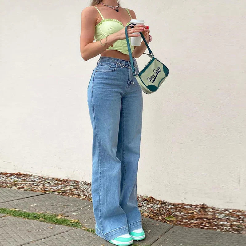 Jean Flare | Délavé Bleu Moyen | Chaîne Amovible | Parfait pour look rock-chic