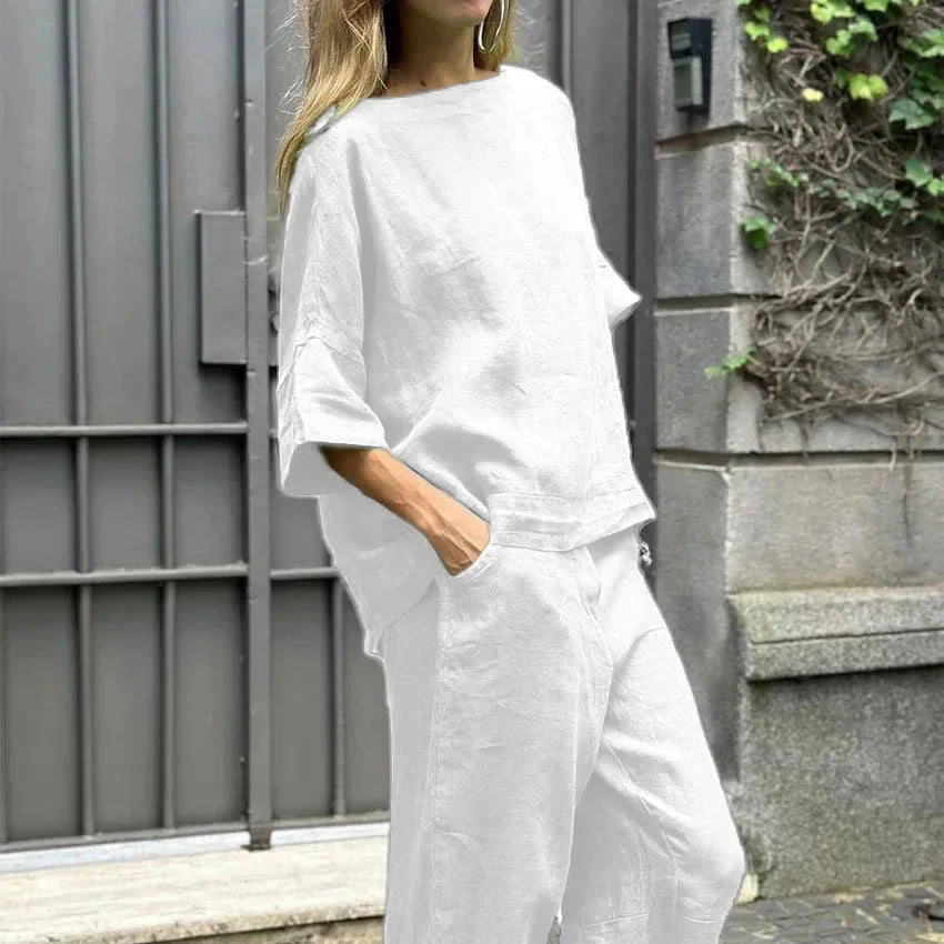 Ensemble Lin 2 Pièces | Haut Ample Col Bateau | Pantalon Capri Fluide Été