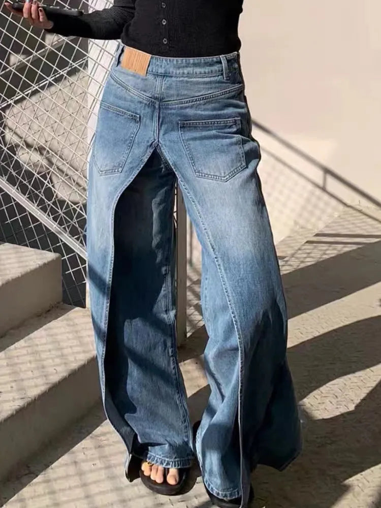 Jean à Fente Frontale | Denim Vintage | Jambe Large | Idéal pour streetwear contemporain