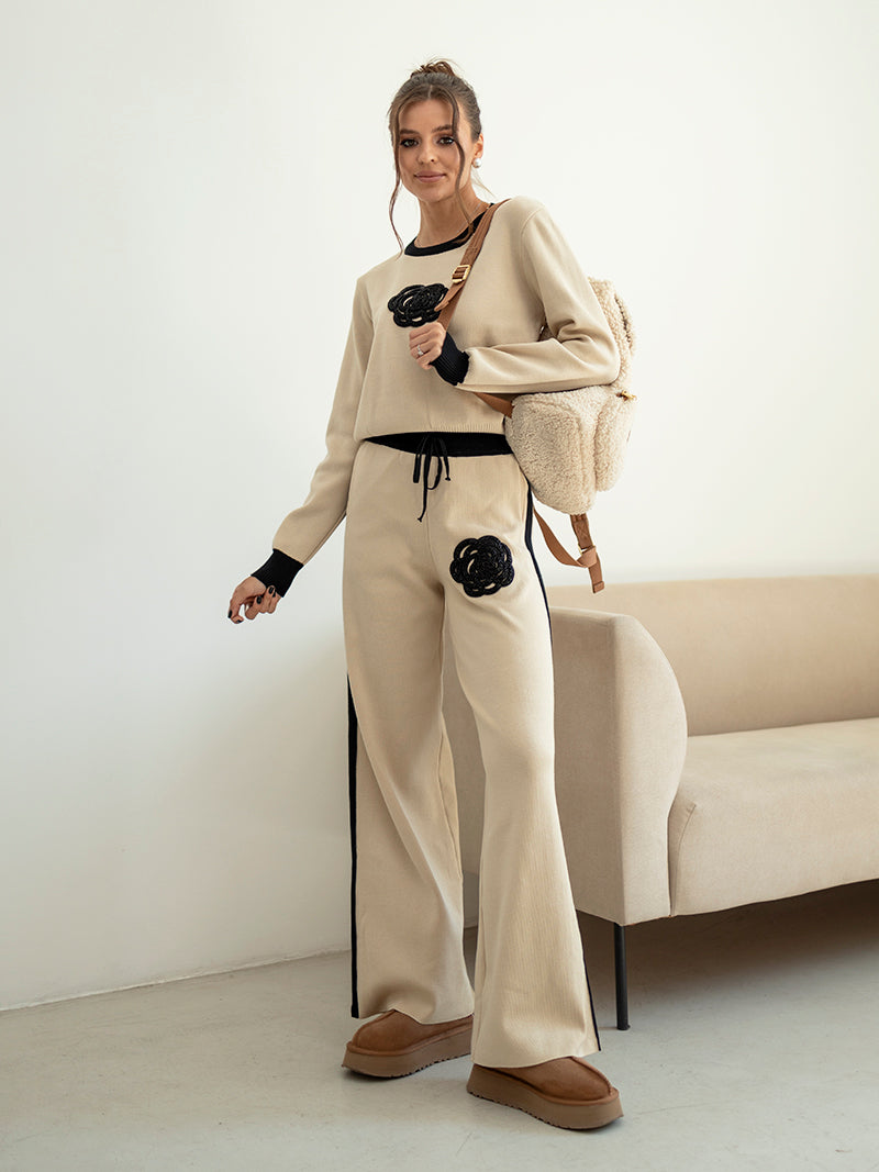 Ensemble Femme | Broderie Élégante & Confort Tricot | Parfait pour Détente ou Sortie Casual