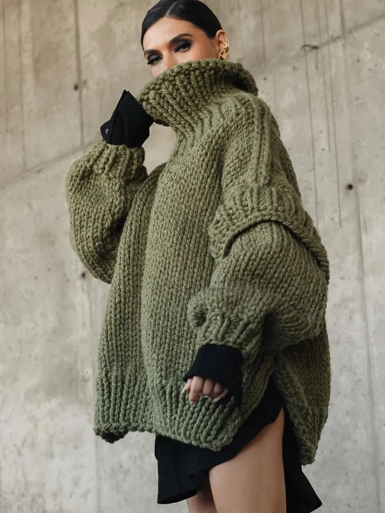 Pull Grosse Maille Oversize | Col Montant Chaud | Idéal pour Hiver et Looks Urbains Confortables